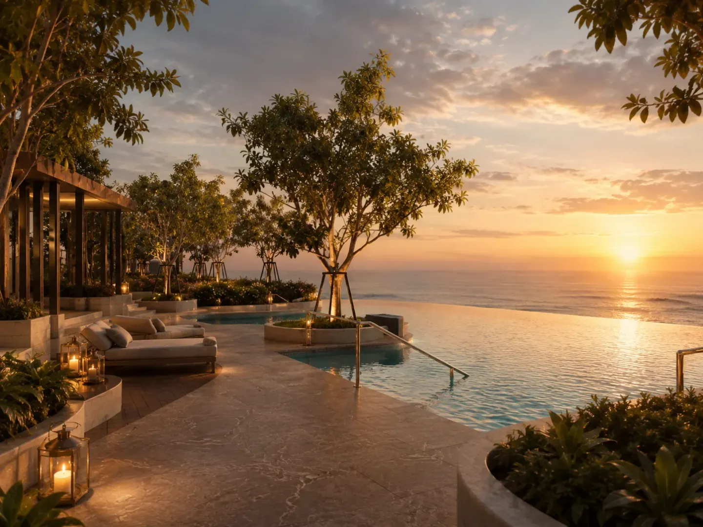 Infinity-edge rooftop pool overlooking the sea at sunset at SEA SKY by Sands