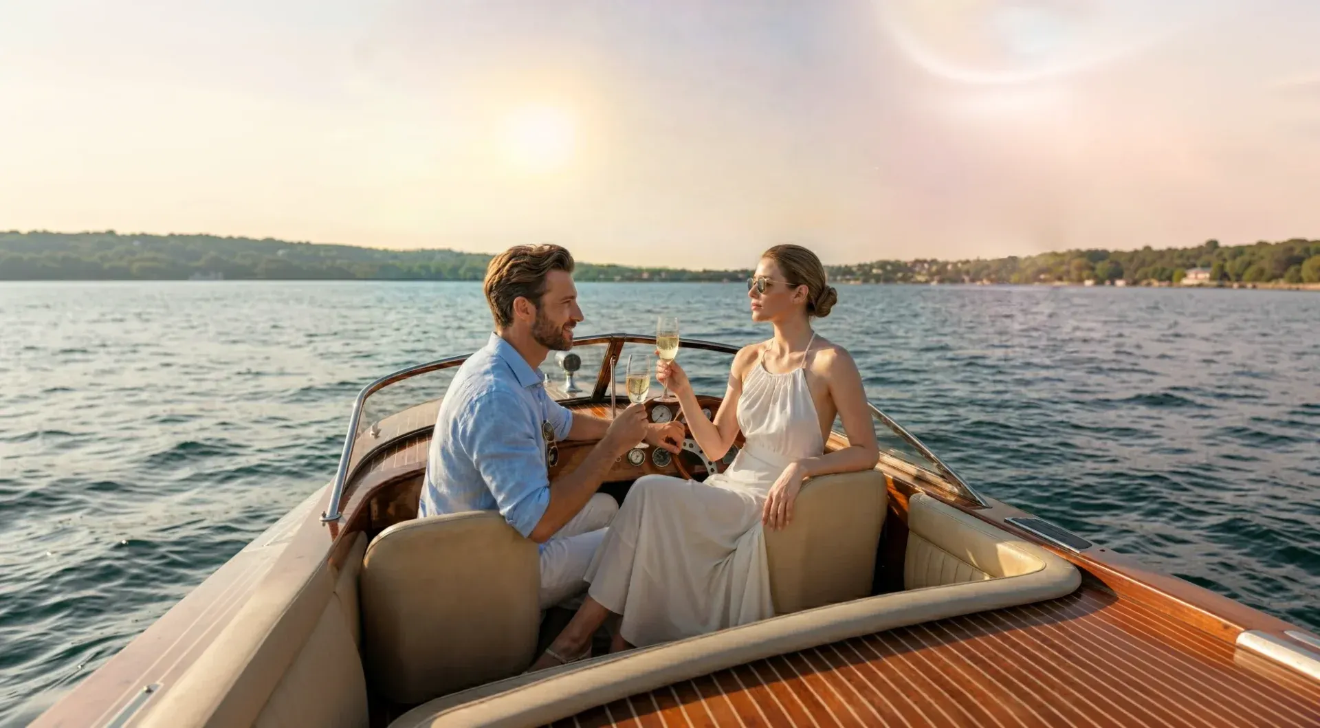 A couple toasting champagne aboard a classic wooden boat at sunset near SEA SKY by Sands