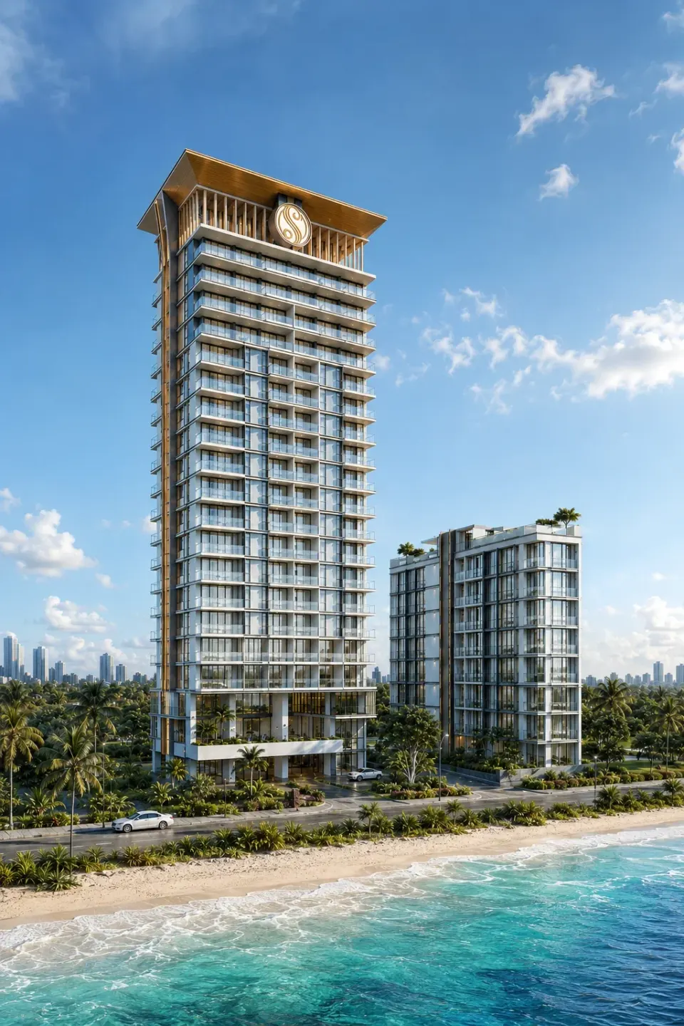 The SEA SKY by Sands residential towers against a clear blue sky above the beach