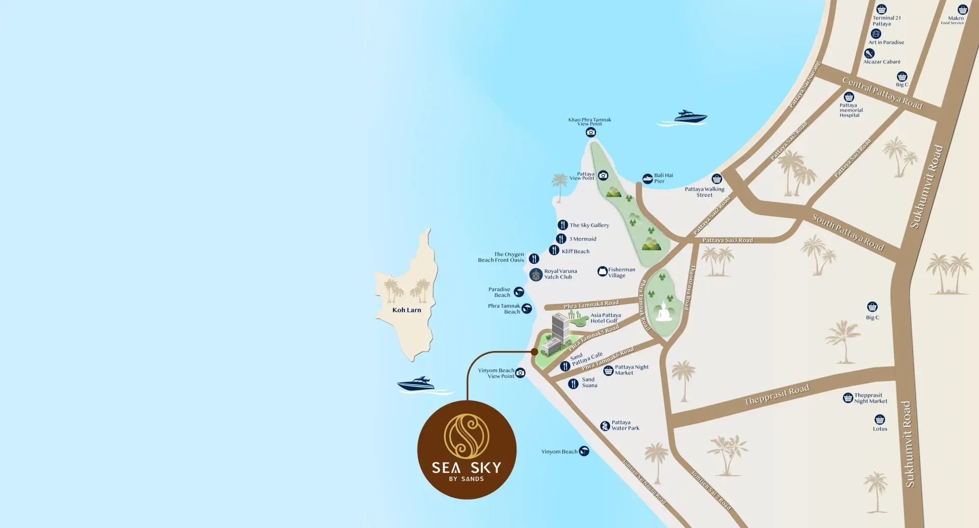 Illustrated area map of the SEA SKY by Sands surroundings in Pratumnak, Pattaya
