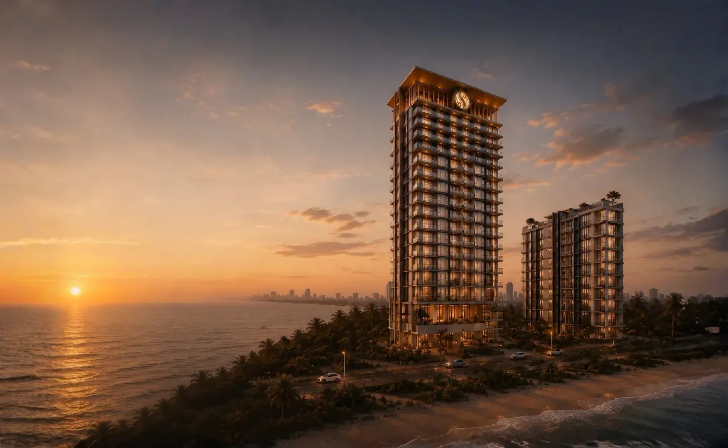 SEA SKY by Sands towers viewed from the beachfront at sunrise