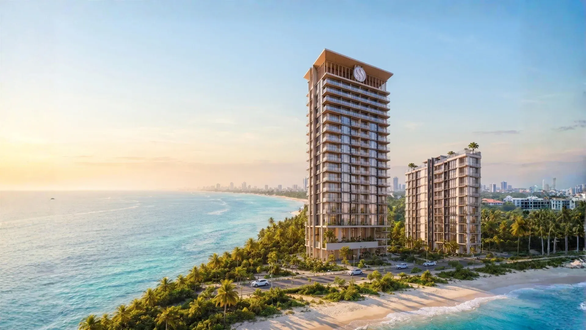 Aerial view of the SEA SKY by Sands beachfront towers on the Pattaya coastline